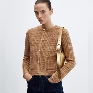 Mango tan caramel waffle Knit Cardigan with Gold Buttons
